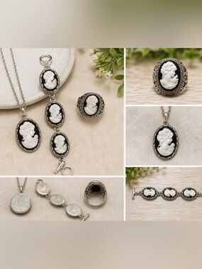Vintage Style Cameo Jewelry Set Necklace Bracelet & Ring Size 8